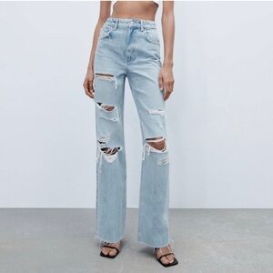 Zara Wide Leg High Rise Ripped Distressed Denim Jeans Light Wash Size 4 Thrashed